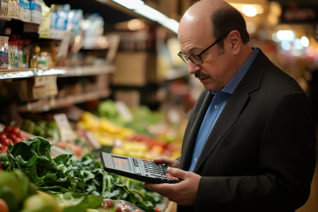 Dono de supermercado analisando custos e tributação do Lucro Real vs Presumido em 2026, com calculadora e prateleiras de hortifruti ao fundo, ilustrando a gestão fiscal na Reforma Tributária.